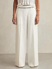 Linen Wide-Leg Whipstitch Trousers White | Women