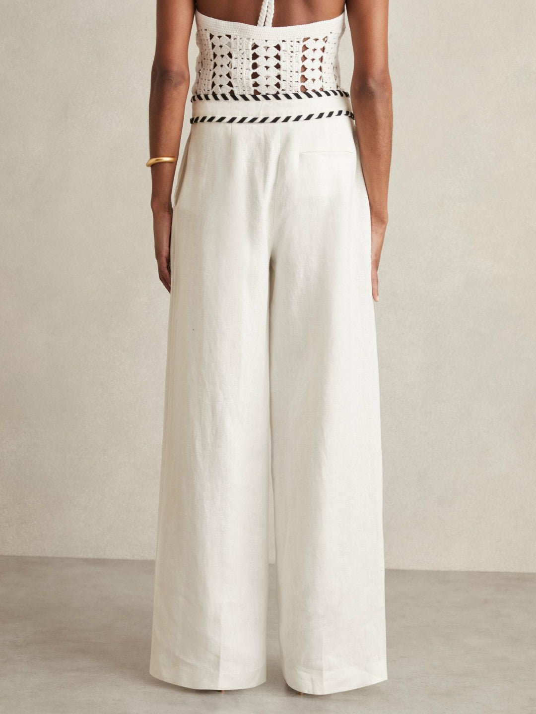 Linen Wide-Leg Whipstitch Trousers White | Women