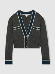 Wool-Cashmere Tipped V-Neck Cardigan Charcoal | Women