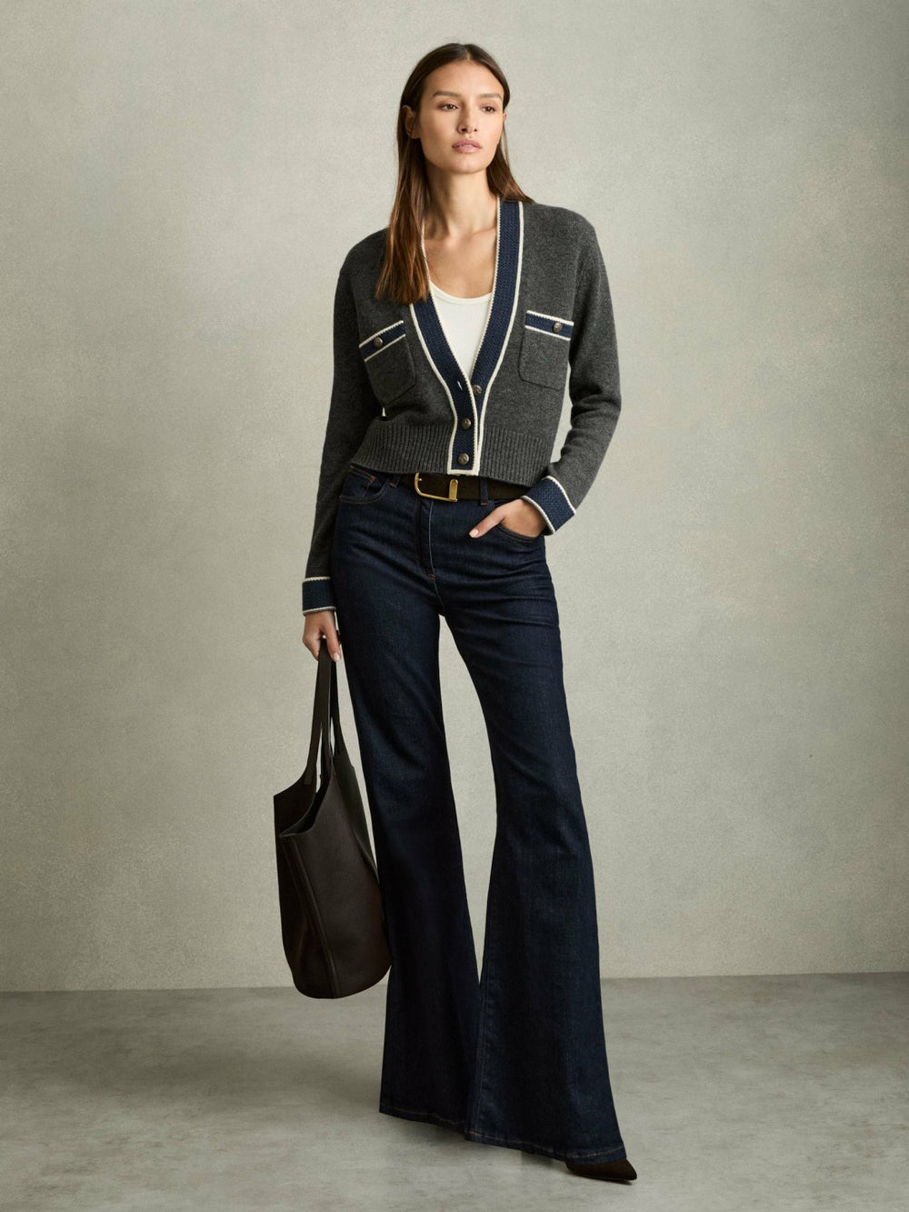 Wool-Cashmere Tipped V-Neck Cardigan Charcoal | Women