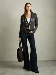 Wool-Cashmere Tipped V-Neck Cardigan Charcoal | Women