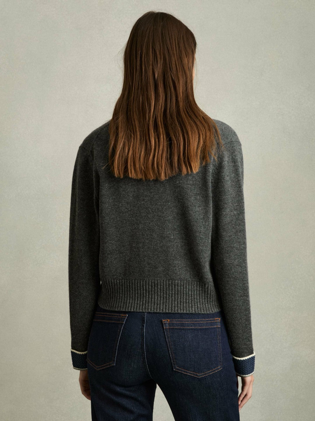 Wool-Cashmere Tipped V-Neck Cardigan Charcoal | Women
