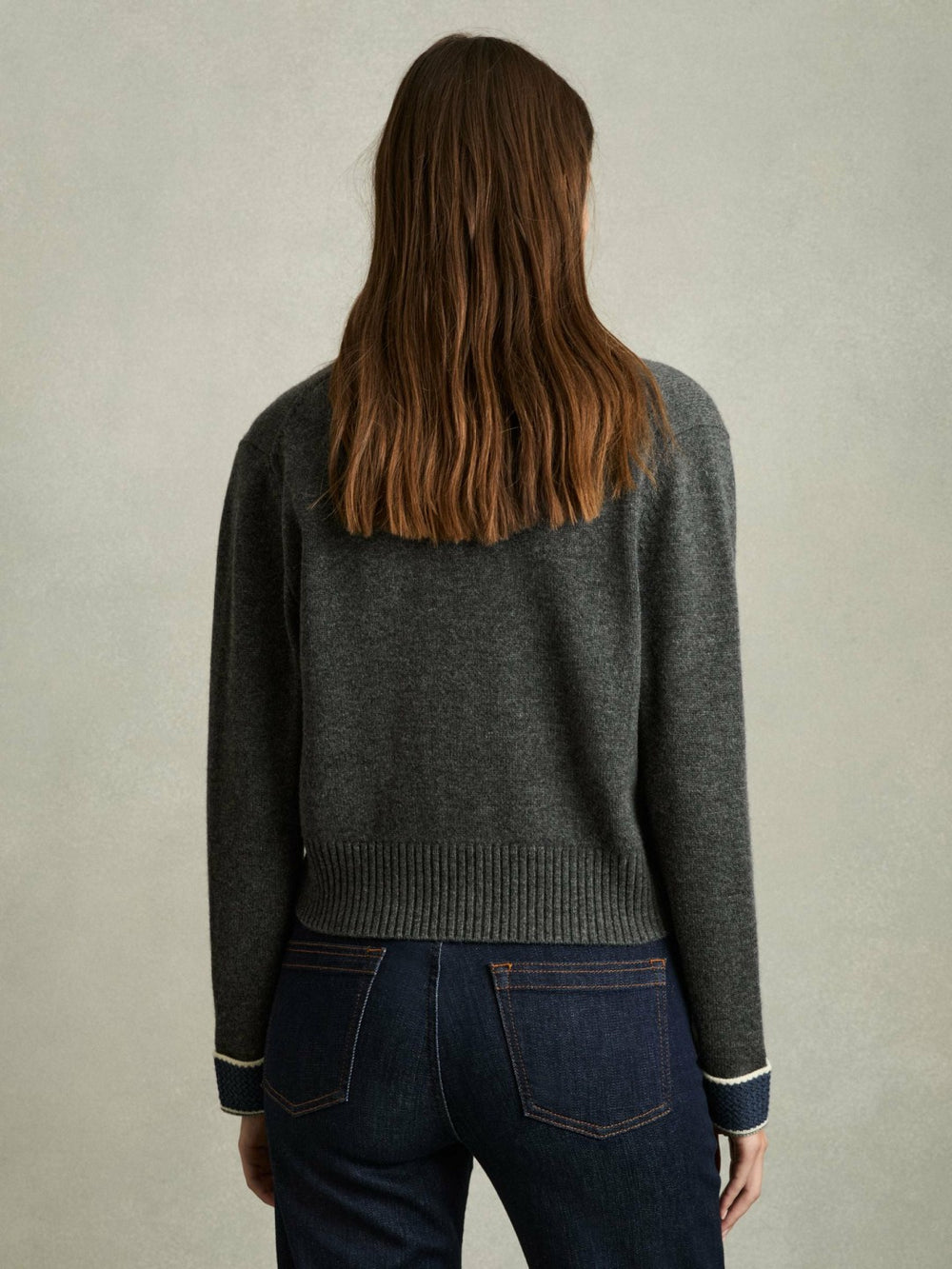 Wool-Cashmere Tipped V-Neck Cardigan Charcoal | Women