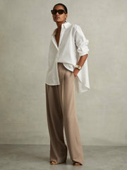 Elasticated-Waist Wide-Leg Twill Trousers Mink Neutral | Women