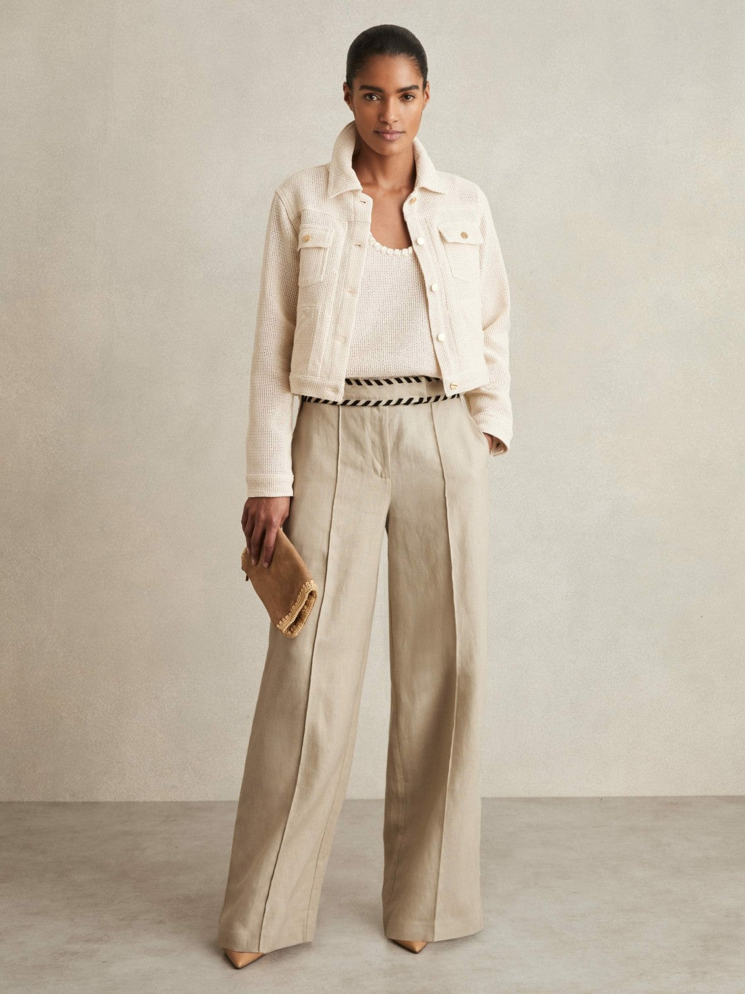 Petite Linen Wide-Leg Whipstitch Trousers Neutral | Women