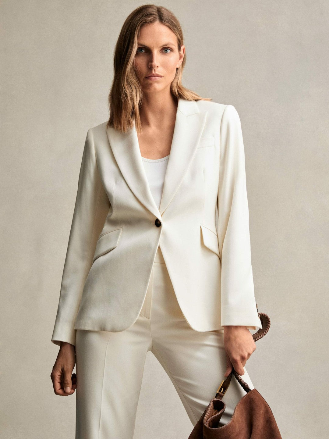 Petite Single-Breasted Peak-Lapel Tailored Blazer Cream | Women