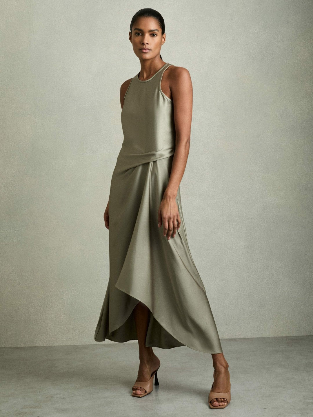 Satin Drape Tuck Midi Dress Khaki | Women