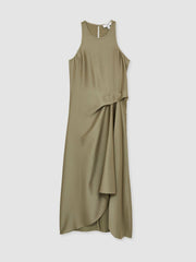 Satin Drape Tuck Midi Dress Khaki | Women