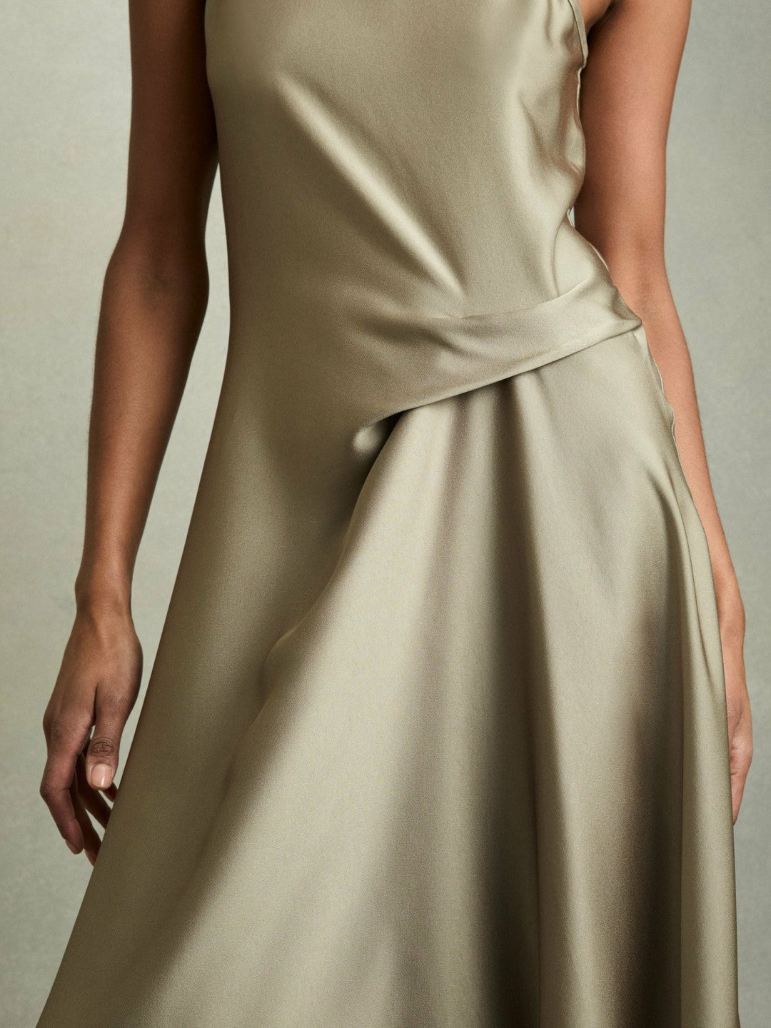 Satin Drape Tuck Midi Dress Khaki | Women