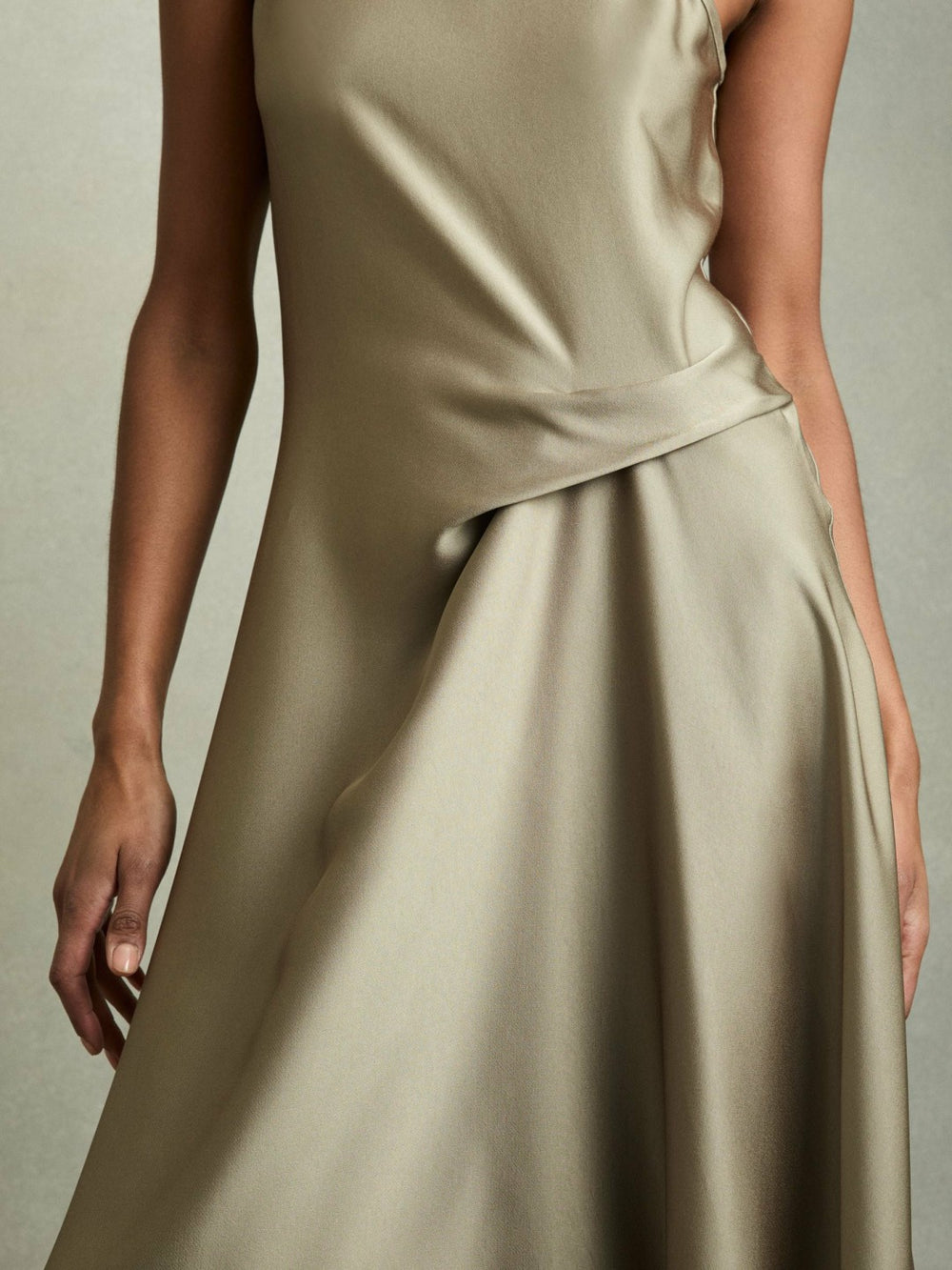 Satin Drape Tuck Midi Dress Khaki | Women