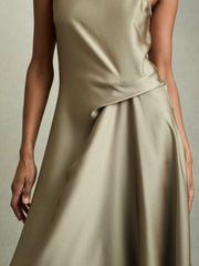 Satin Drape Tuck Midi Dress Khaki | Women