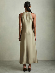 Satin Drape Tuck Midi Dress Khaki | Women