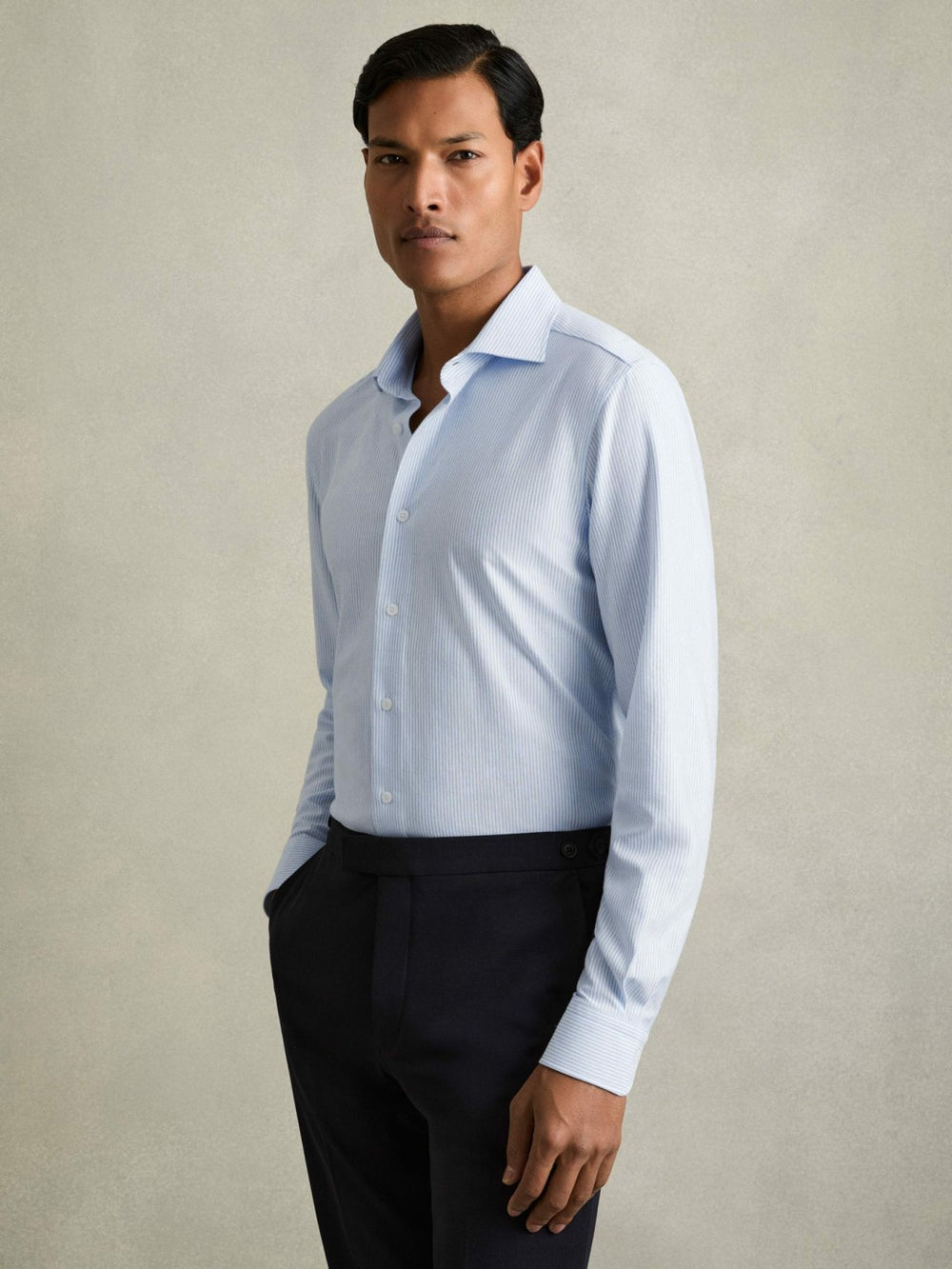Cotton-Blend Cutaway-Collar Striped Shirt Blue Stripe | Men