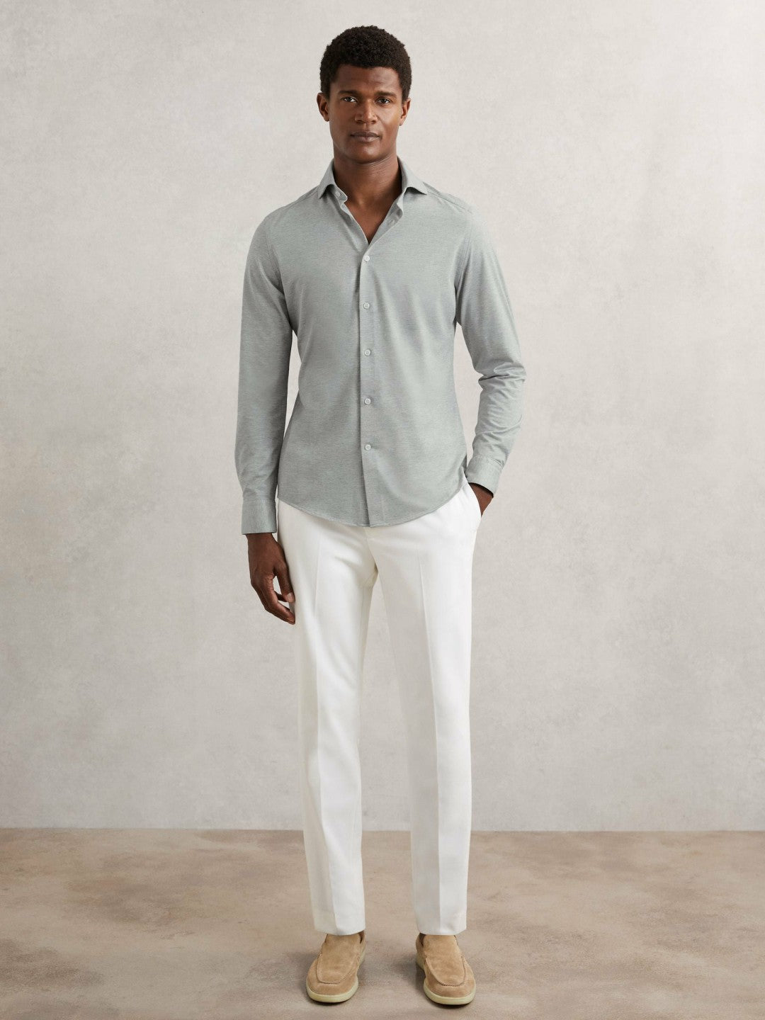 Cotton-Blend Jersey Cutaway-Collar Shirt Grey Melange | Men