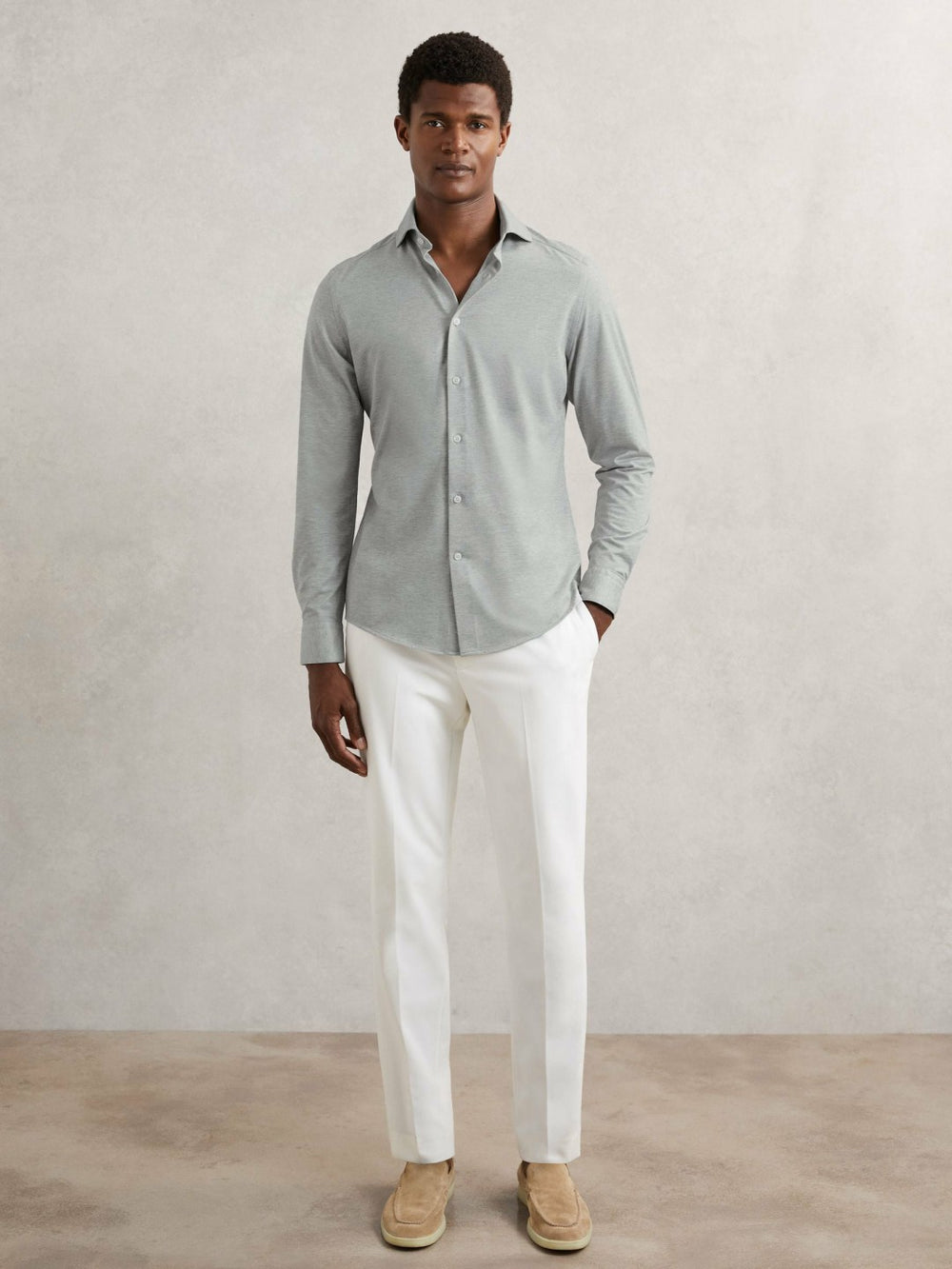 Cotton-Blend Jersey Cutaway-Collar Shirt Grey Melange | Men