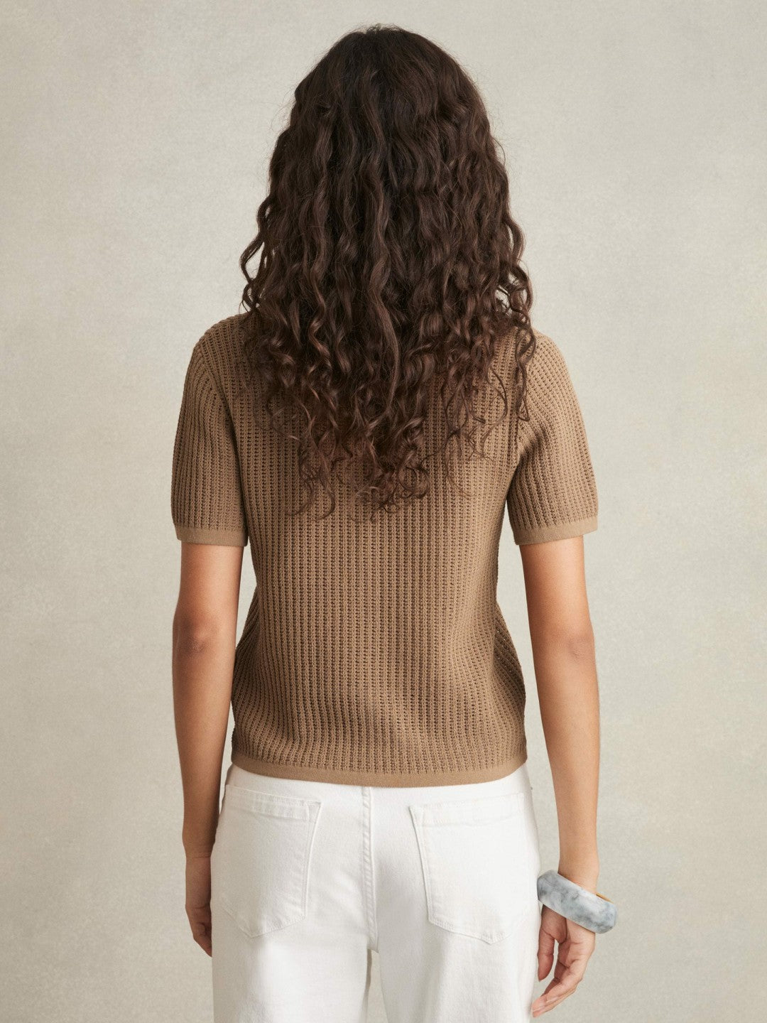 Cotton-Blend Open-Knit Polo Shirt Tan | Women