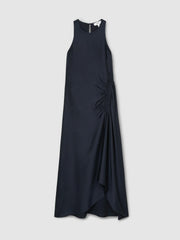Satin Shirred Midi Dress Navy | Women