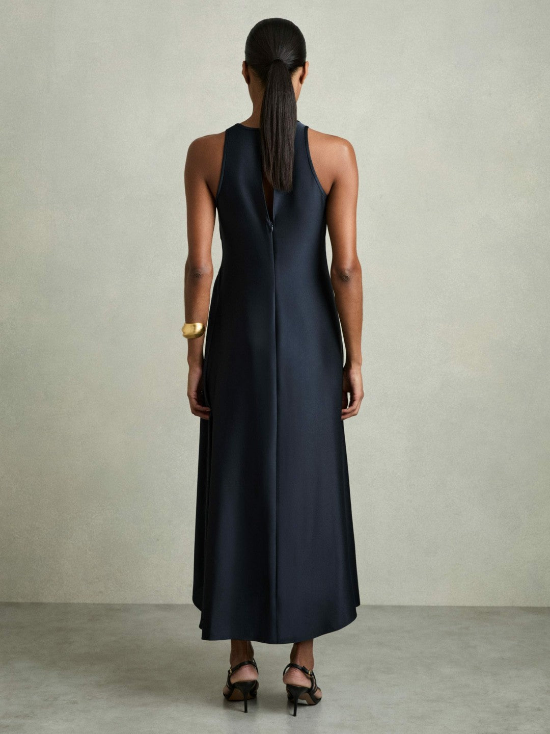Satin Shirred Midi Dress Navy | Women