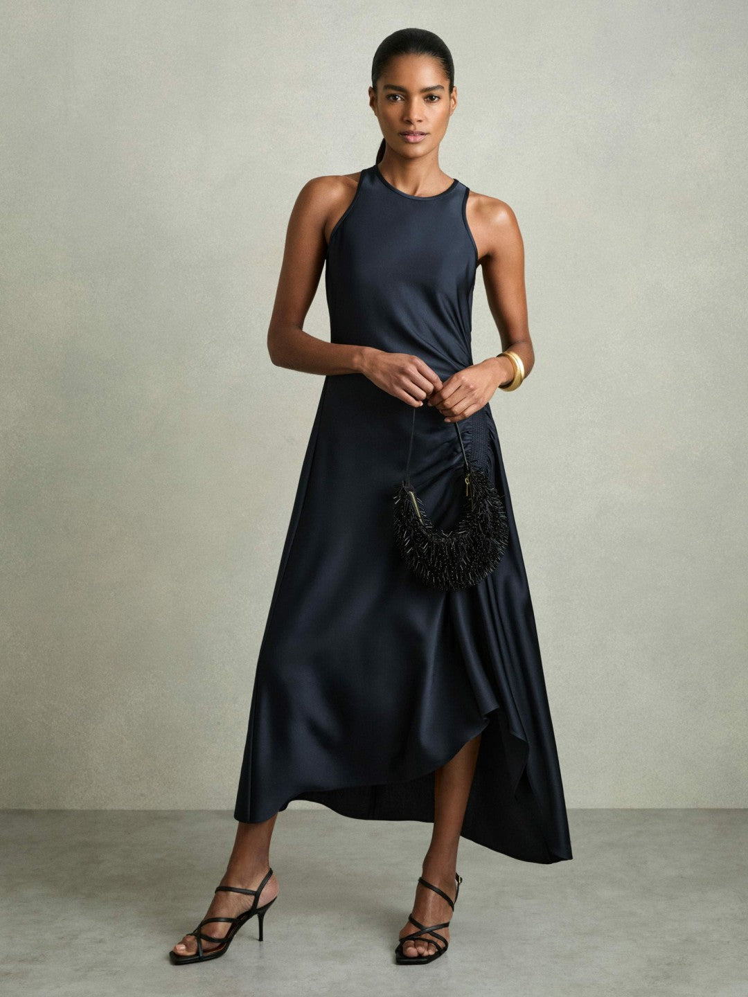 Satin Shirred Midi Dress Navy | Women