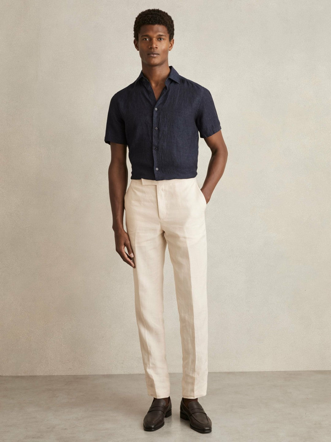 Slim Fit Linen Button-Through Shirt Navy | Men
