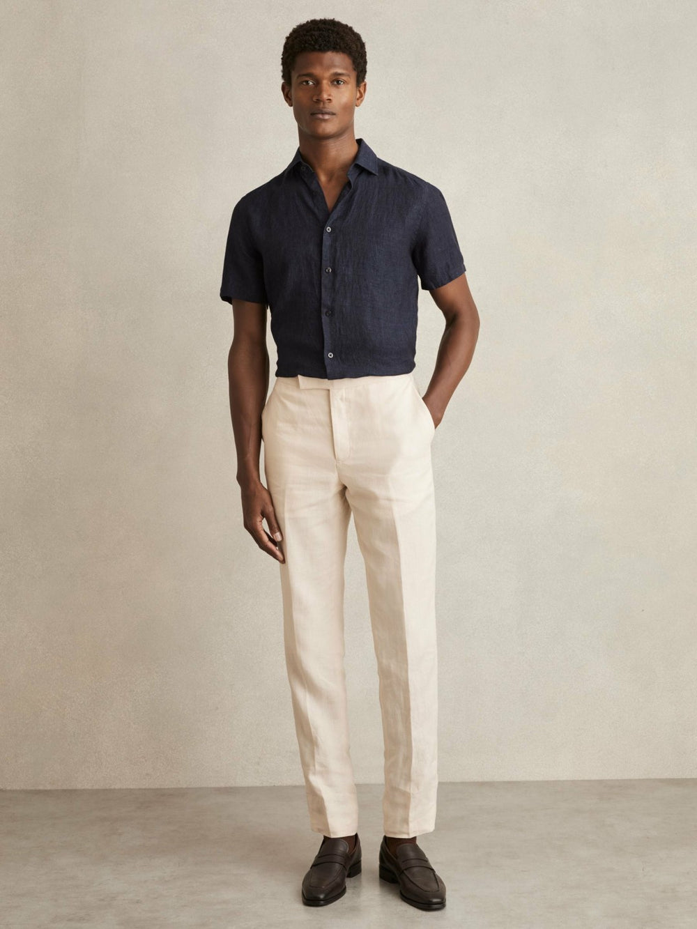 Slim Fit Linen Button-Through Shirt Navy | Men
