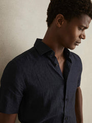 Slim Fit Linen Button-Through Shirt Navy | Men