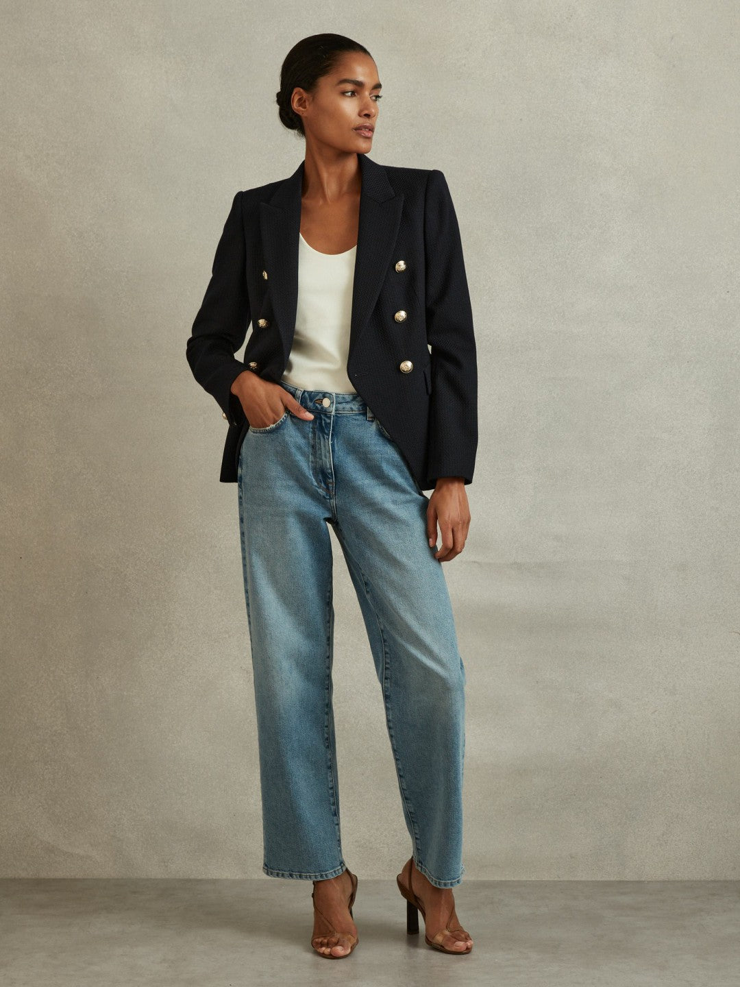 Tailored Fit Textured Double Breasted Blazer Navy | Women