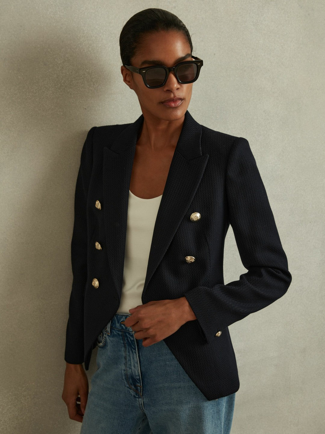 Tailored Fit Textured Double Breasted Blazer Navy | Women