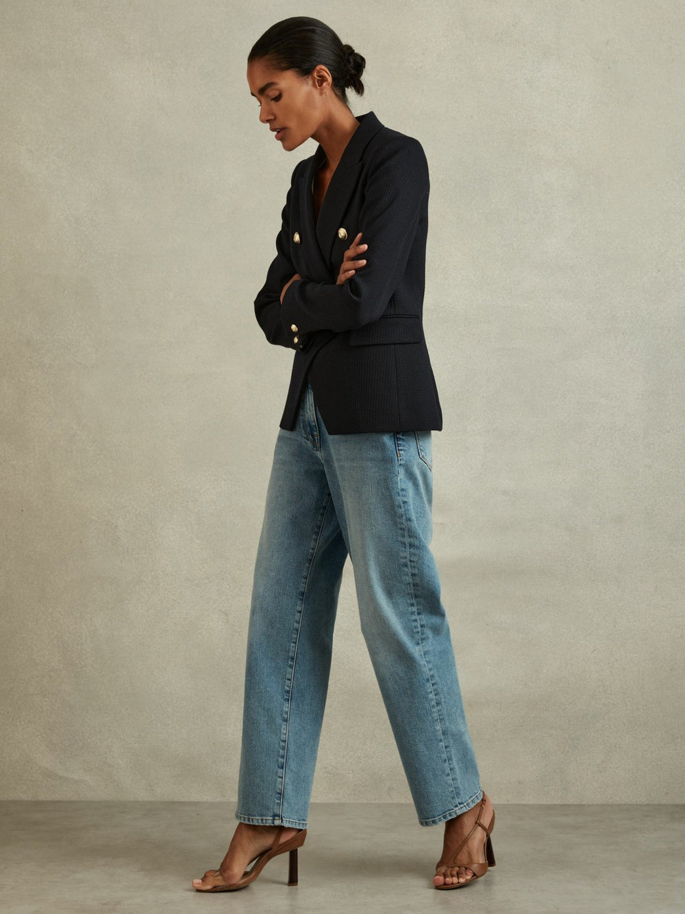 Tailored Fit Textured Double Breasted Blazer Navy | Women