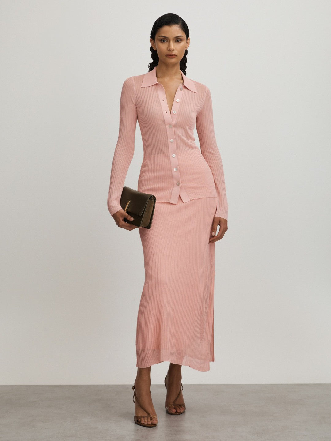 Carrie Pink Anna Quan Sheer Ribbed Knitted Midi Skirt Pink | Women