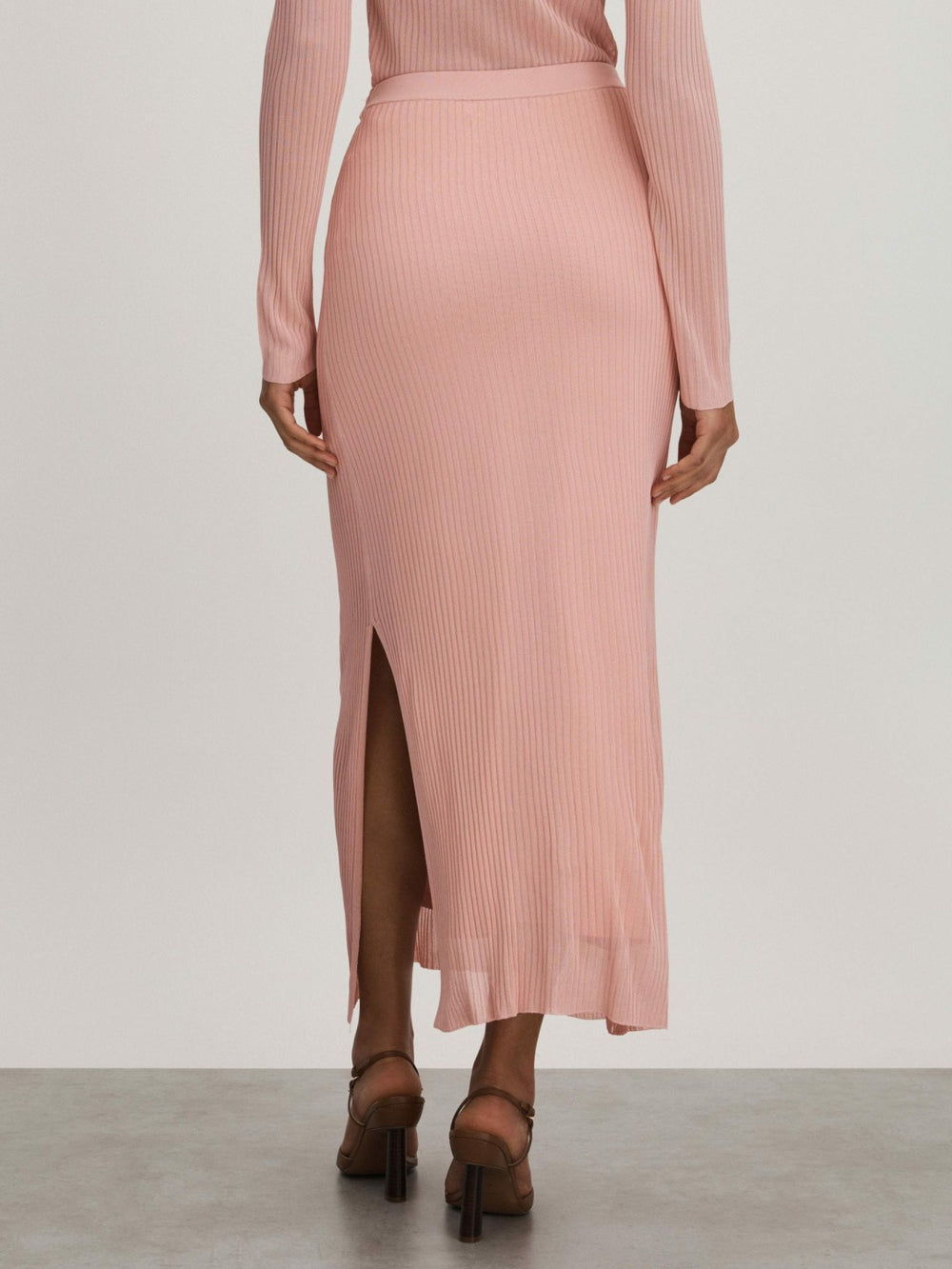 Carrie Pink Anna Quan Sheer Ribbed Knitted Midi Skirt Pink | Women