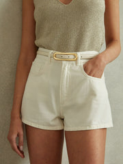 Thin Leather Elongated Buckle Belt Off White | Women