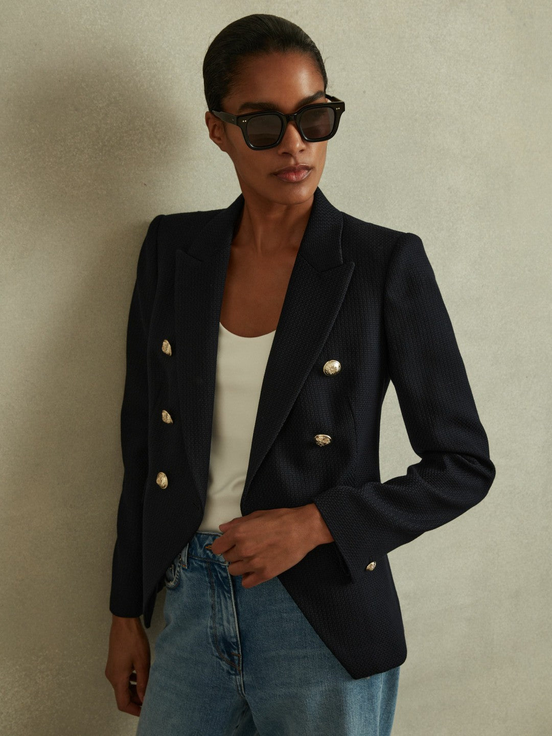 Petite Tailored Fit Textured Double Breasted Blazer Navy | Women
