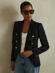 Petite Tailored Fit Textured Double Breasted Blazer Navy | Women