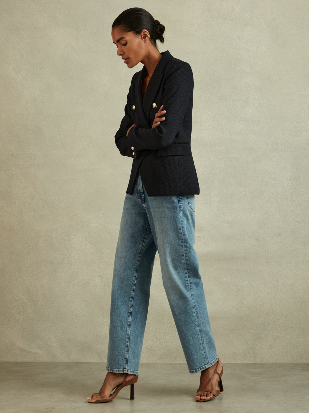 Petite Tailored Fit Textured Double Breasted Blazer Navy | Women