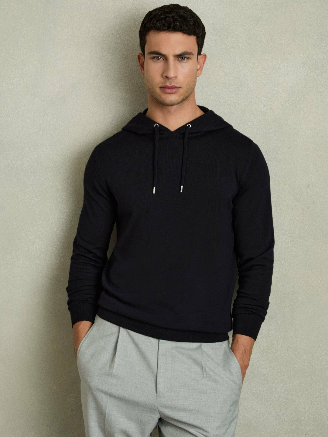 Merino Wool Drawstring Hoodie Navy | Men