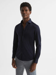 Cotton-Blend Jersey Cutaway-Collar Shirt Navy | Men