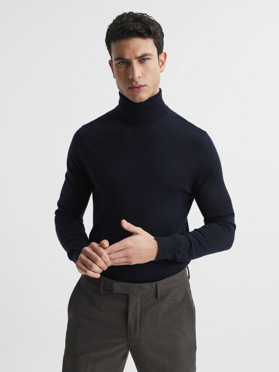 Slim Fit Merino Wool Roll Neck Jumper Navy | Men