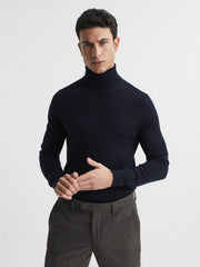 Slim Fit Merino Wool Roll Neck Jumper Navy | Men