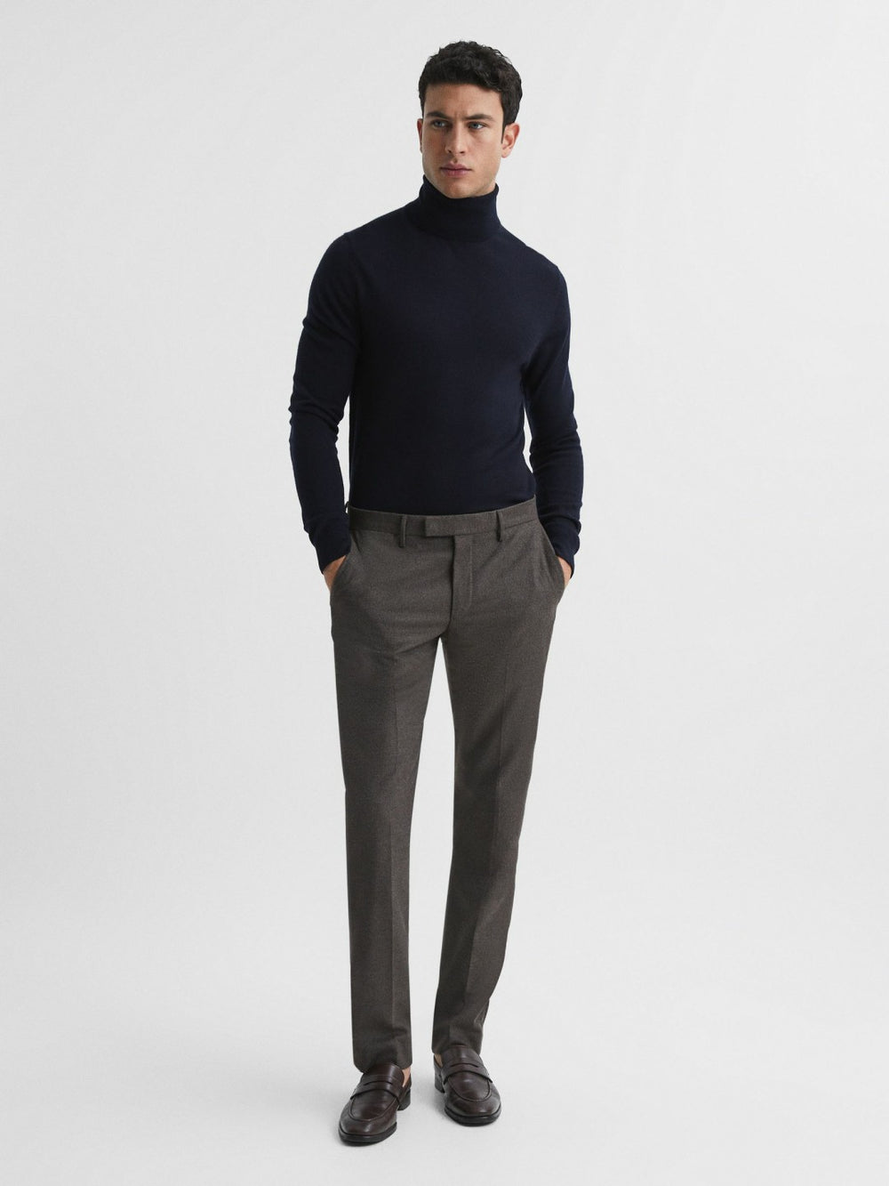 Slim Fit Merino Wool Roll Neck Jumper Navy | Men
