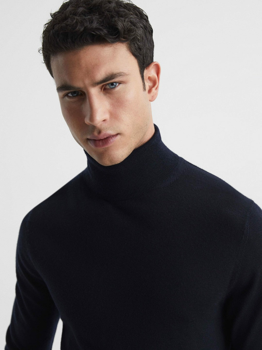 Slim Fit Merino Wool Roll Neck Jumper Navy | Men