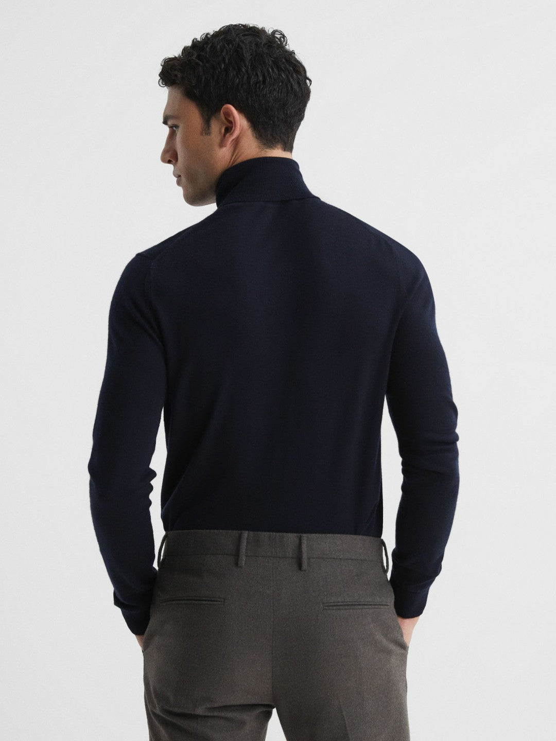 Slim Fit Merino Wool Roll Neck Jumper Navy | Men