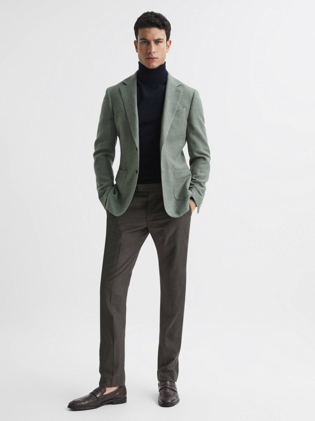 Slim Fit Merino Wool Roll Neck Jumper Navy | Men