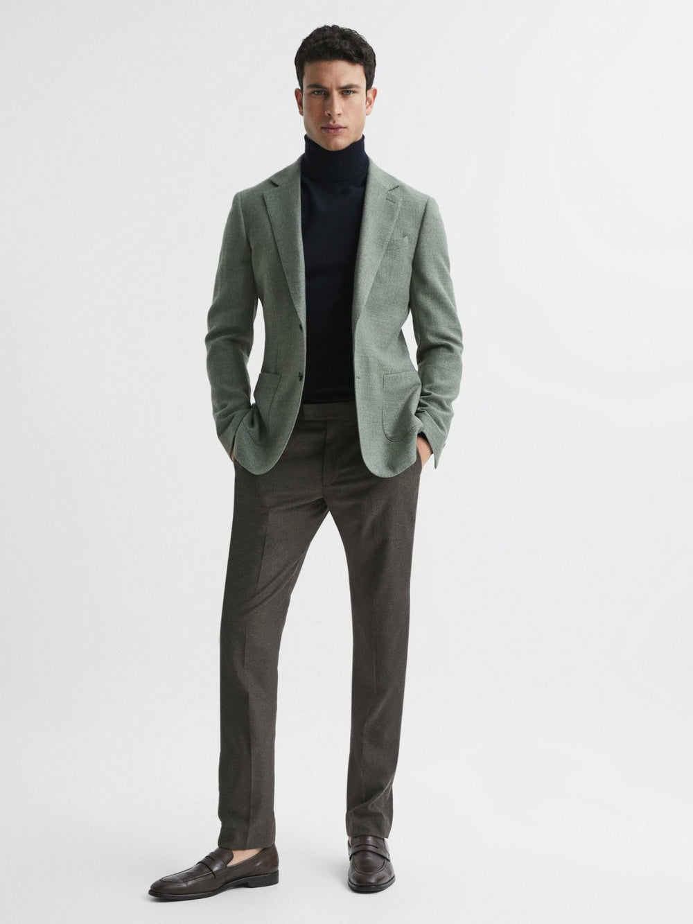 Slim Fit Merino Wool Roll Neck Jumper Navy | Men