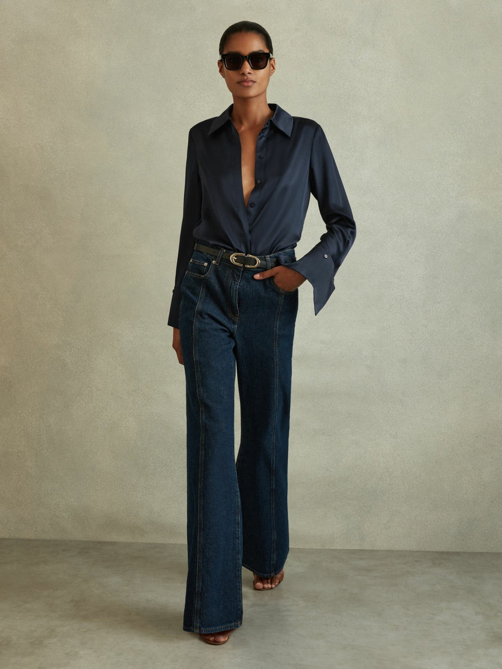 Silk Double-Cuff Button-Through Shirt Navy | Women