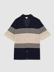 Stripe Textured-Knit Cuban-Collar Shirt Navy/Stone | Men