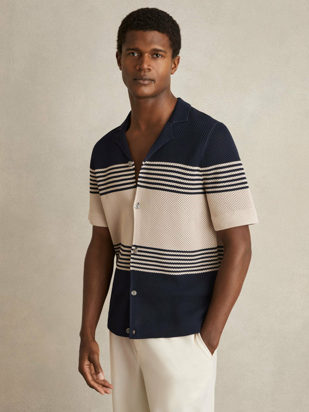 Stripe Textured-Knit Cuban-Collar Shirt Navy/Stone | Men