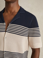 Stripe Textured-Knit Cuban-Collar Shirt Navy/Stone | Men