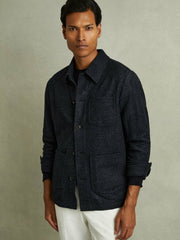 Checked Button Through Worker Jacket Navy Melange | Men