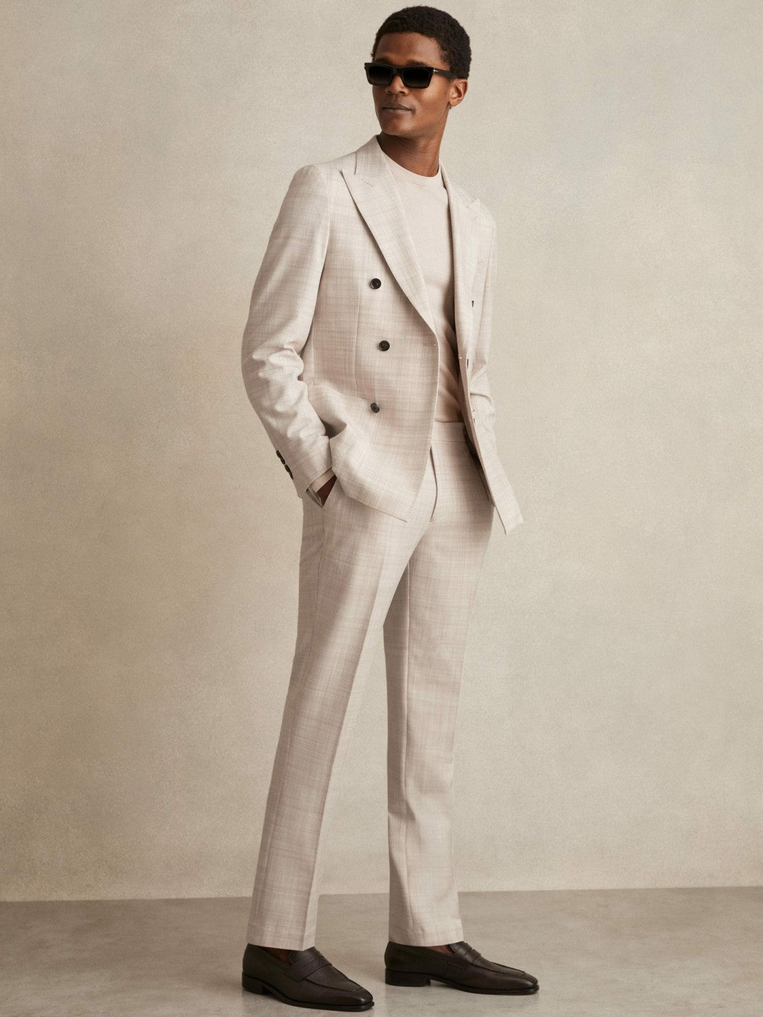 Double-Breasted Check Suit Blazer Regular-Fit Stone | Men